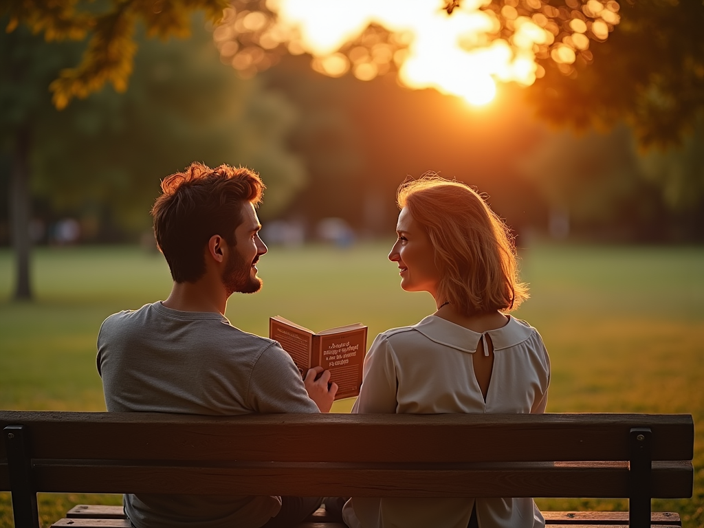 couple riant avec un guide de jeux coquins au parc au coucher du soleil