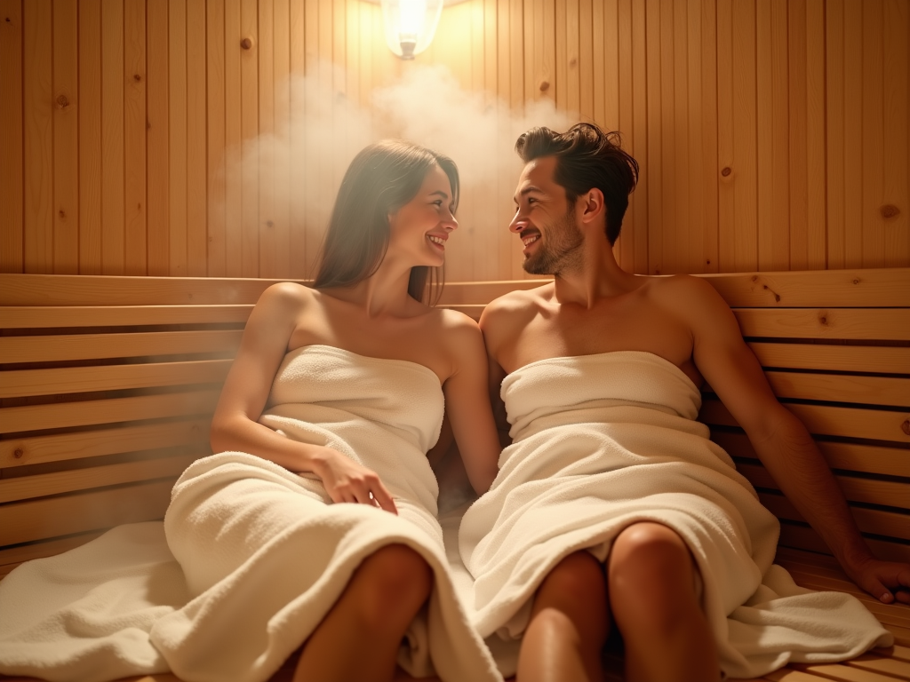 couple savourant un sauna traditionnel en bois entouré de vapeur et chaleur douce pour une expérience bien-etre relaxante