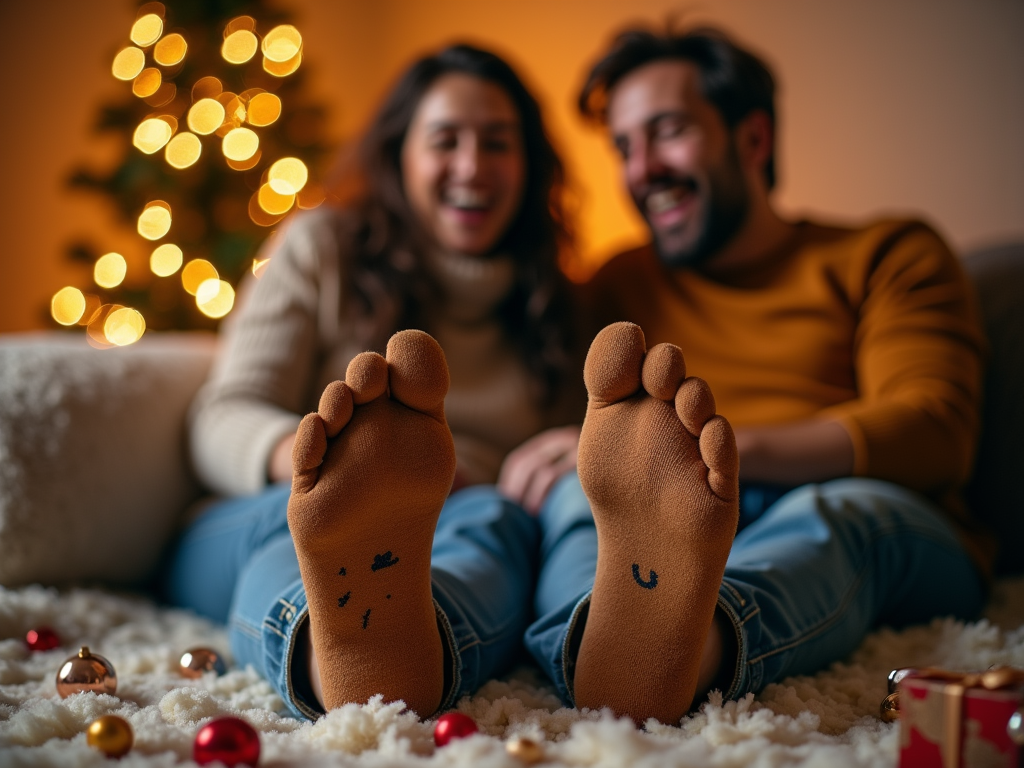chaussettes personnalisees humoristiques sur pieds d'amis riant autour de tasses de chocolat chaud