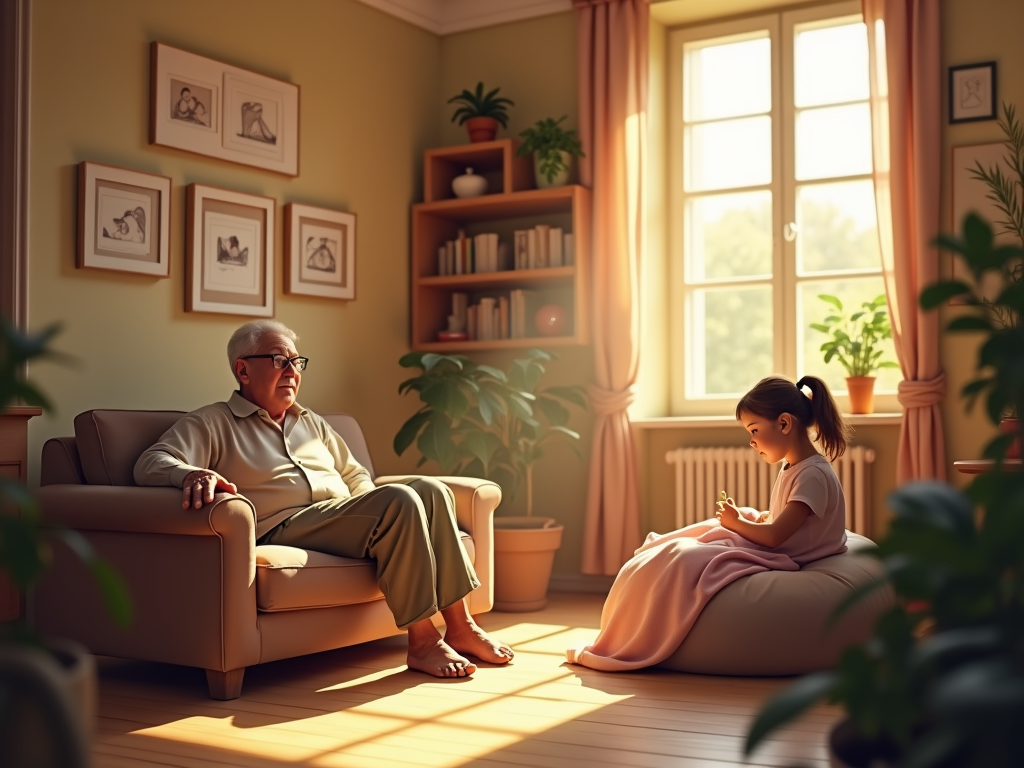 empreintes de bébé encadrées dans un salon chaleureux avec grand-parent ému et maman appliquant pâte sur pied endormi