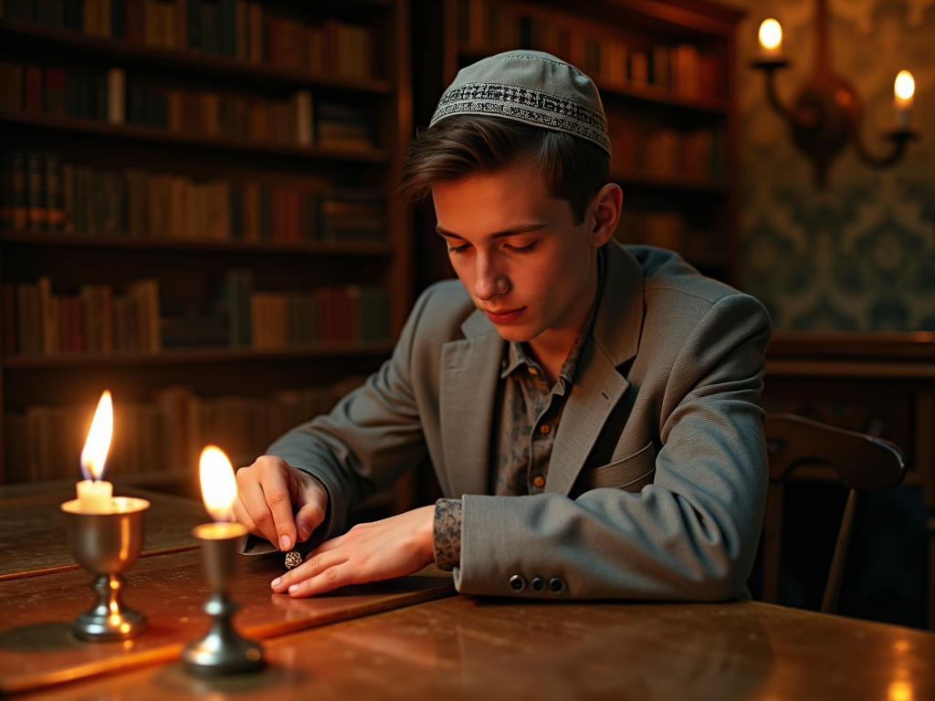 jeune homme en tenue de bar mitzvah examine pendentif mezouza sous lumière des bougies sacrées