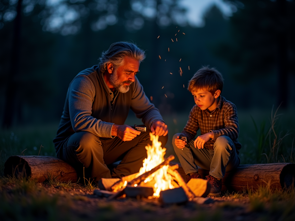 père et fils autour d'un feu de camp avec un opinel personnalisé pour cuisiner, renforçant les liens familiaux